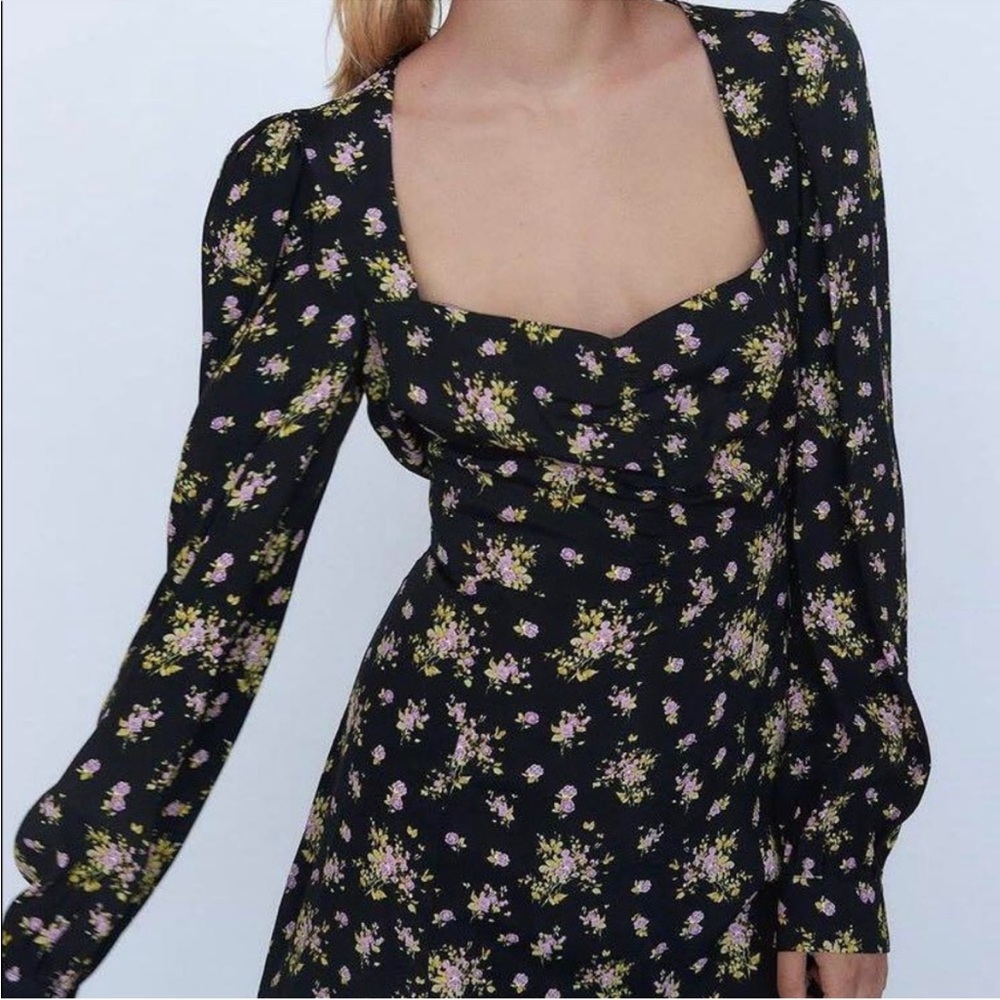 zara black purple floral long sleeve mini dress